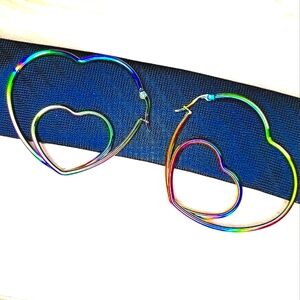 Rainbow, Stainless Steel, Double Heart Hoops, 2.5" Drop
